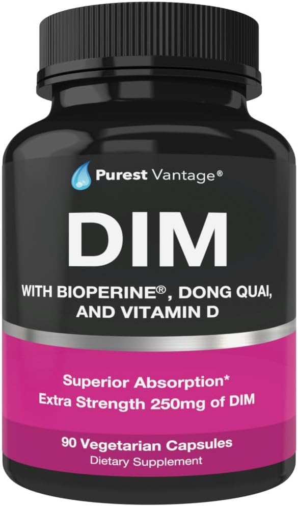  Pure DIM Supplement 250mg Diindolylmethane Plus BioPerine and Dong Quai - Hormone Balance Support for Women and Men, Menopause & Estrogen Support - 90 Vegetarian Capsules