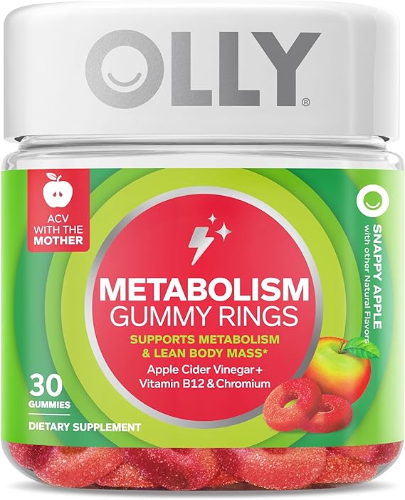  OLLY Metabolism Gummy Rings, Apple Cider Vinegar, Vitamin B12, Chromium, Energy and Digestive Health, Chewable Supplement, Apple Flavor - 30 Coun