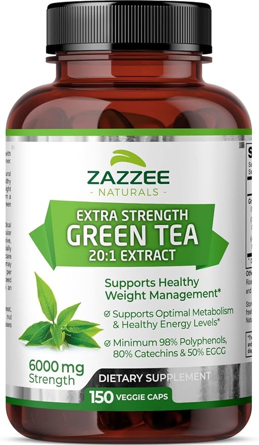  Zazzee Extra Strength Green Tea 20:1 Extract, 6000 mg Strength, 50% EGCG, 98% Polyphenols and 80% Catcehins, 150 Vegan Capsules, 5 Month Supply, Standardized and Conce