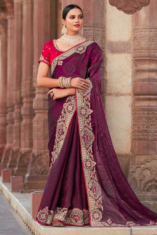  Purple Color Satin Fabric Embroidery work saree