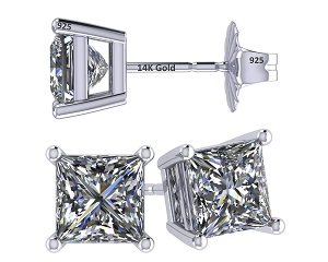  Princess Cut Zirconia Studs Luxurious 14K Gold & Silver" Earrings