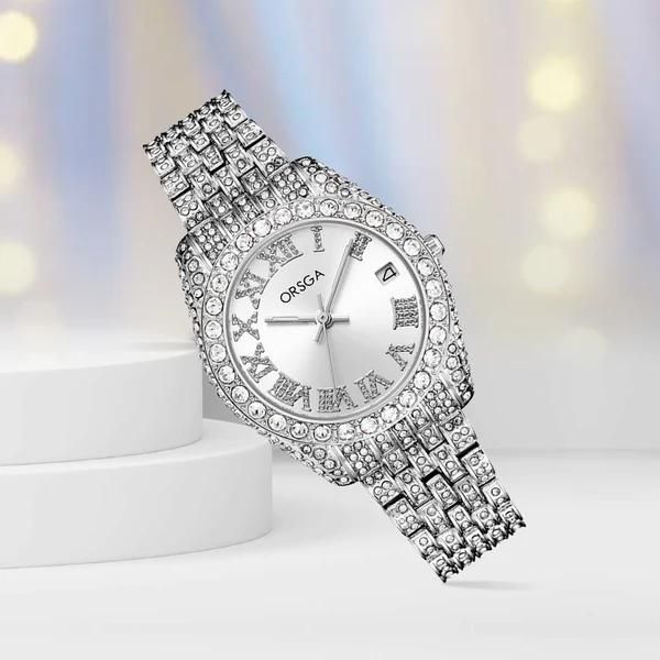  Explore ORSGA Ornate White Dial Full Studded Silver Watch