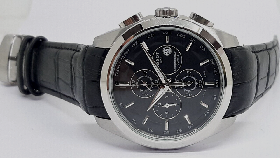  Used Watch Men's Wrist Stainless Steel Quartz Chronograph Date Black Dial