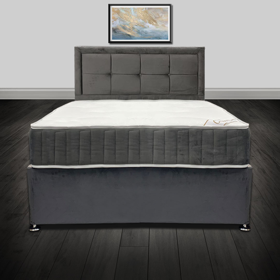  Eden Grey Double Plush Velvet Divan Bed with Super Orthopaedic Mattress and Headboard