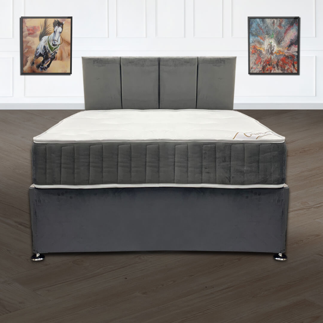  Grey Ikon Double Plush Velvet Divan Bed with Super Orthopaedic Mattress and Headboard