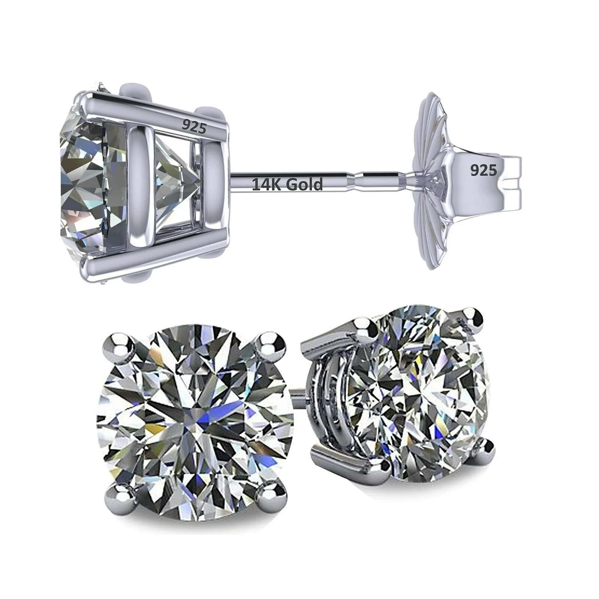  Luxurious 14K Gold & Sterling Silver CZ Stud Earrings - 1.50cttw, Platinum Plated