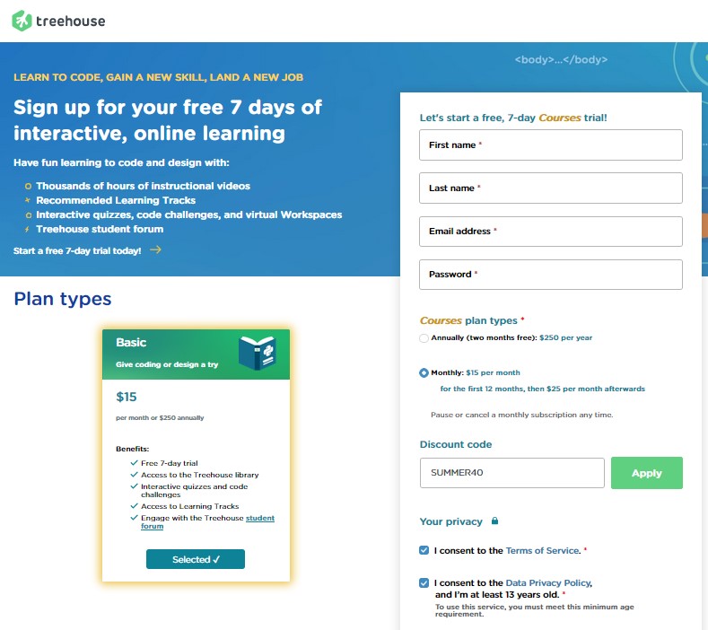  teamtreehouse.com 40% discount Treehouse Learn to code, gain a new skill, land a new job