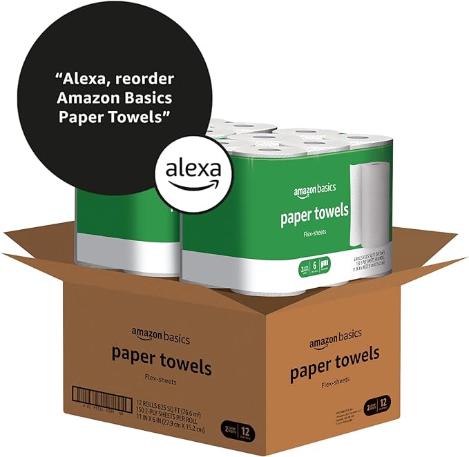  Amazon Basics 2-Ply Flex-Sheets Paper Towels, 12 Basics Rolls = 32 Regular Rolls, Everyday Value with 150 Sheets per Roll