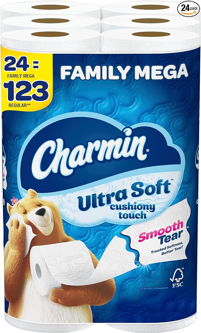  Charmin Ultra Soft Cushiony Touch Toilet Paper, 24 Family Mega Rolls = 123 Regular Rolls