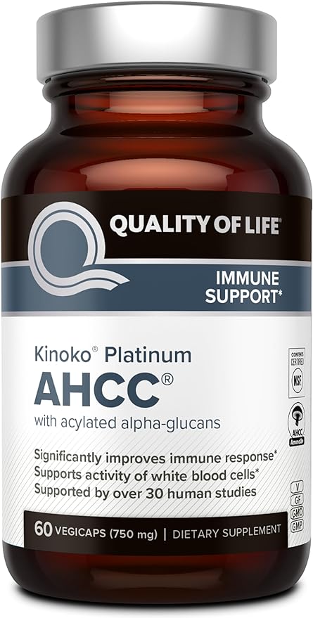  Quality of Life Premium Kinoko Platinum AHCC Herbal Supplement, 750mg of AHCC per Capsule, for Immune Support, Liver Function, Maintains Natural Killer Cell Activity, 1 Pack, 60 Veggie Capsules