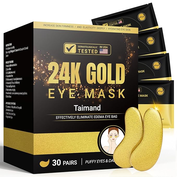  Under Eye Patches (30 Pairs), 24K Gold Under Eye Mask for Puffy Eyes, Dark Circles,Bags and Wrinkles with Collagen