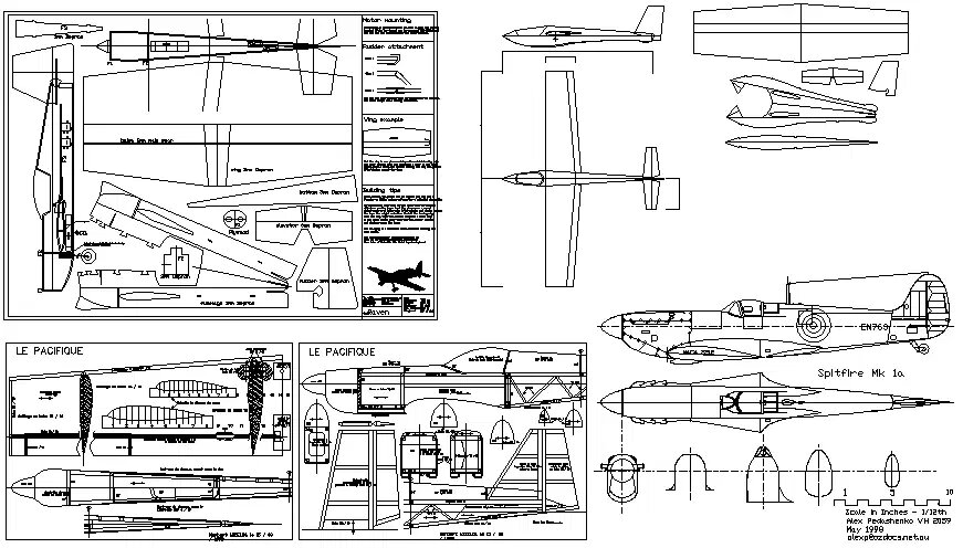  Detailed Spitfire Airplane Plan, Elevation & Section DWG AutoCAD File - High-Quality 2D CAD Drawing