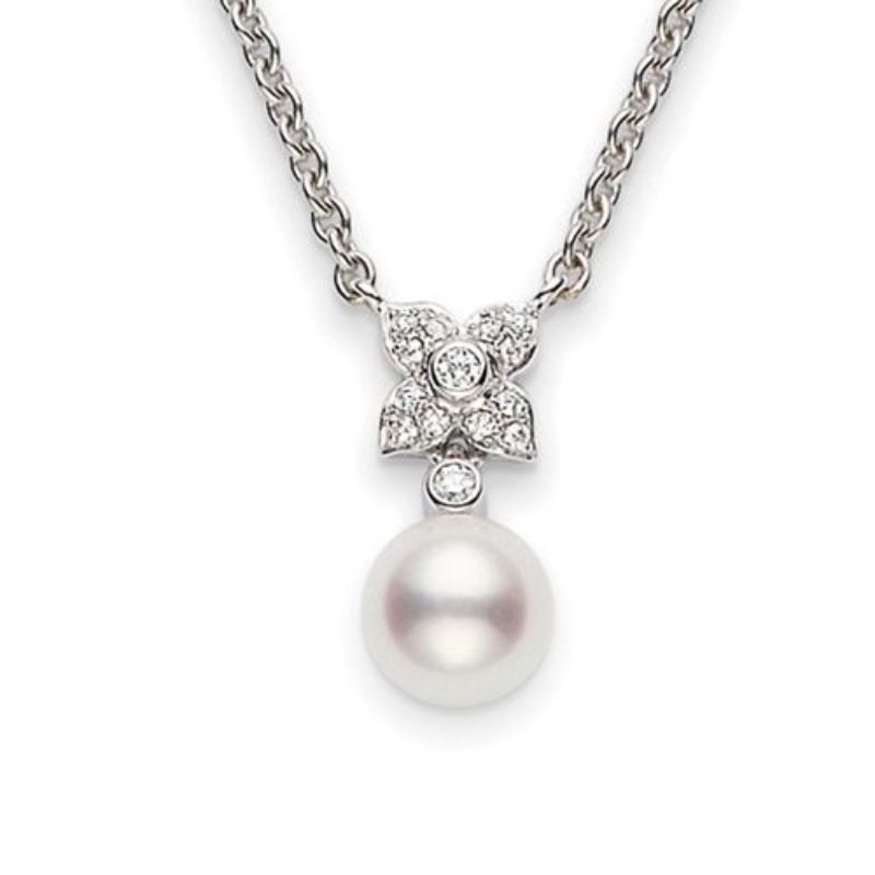  Mikimoto 18K White Gold Akoya Diamond 0.07Ct Pearl Pendant