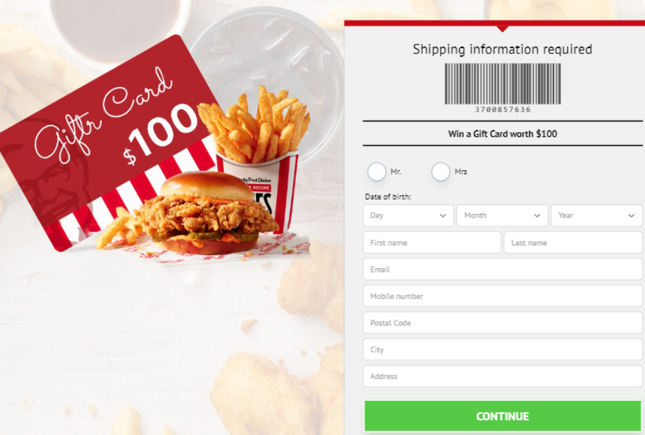  Enter for your $100 KFC Gift Card!