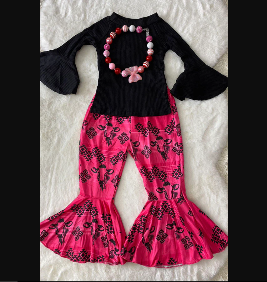  Solid black long sleeve top bull & aztec printed bell bottom 2pc girls sets