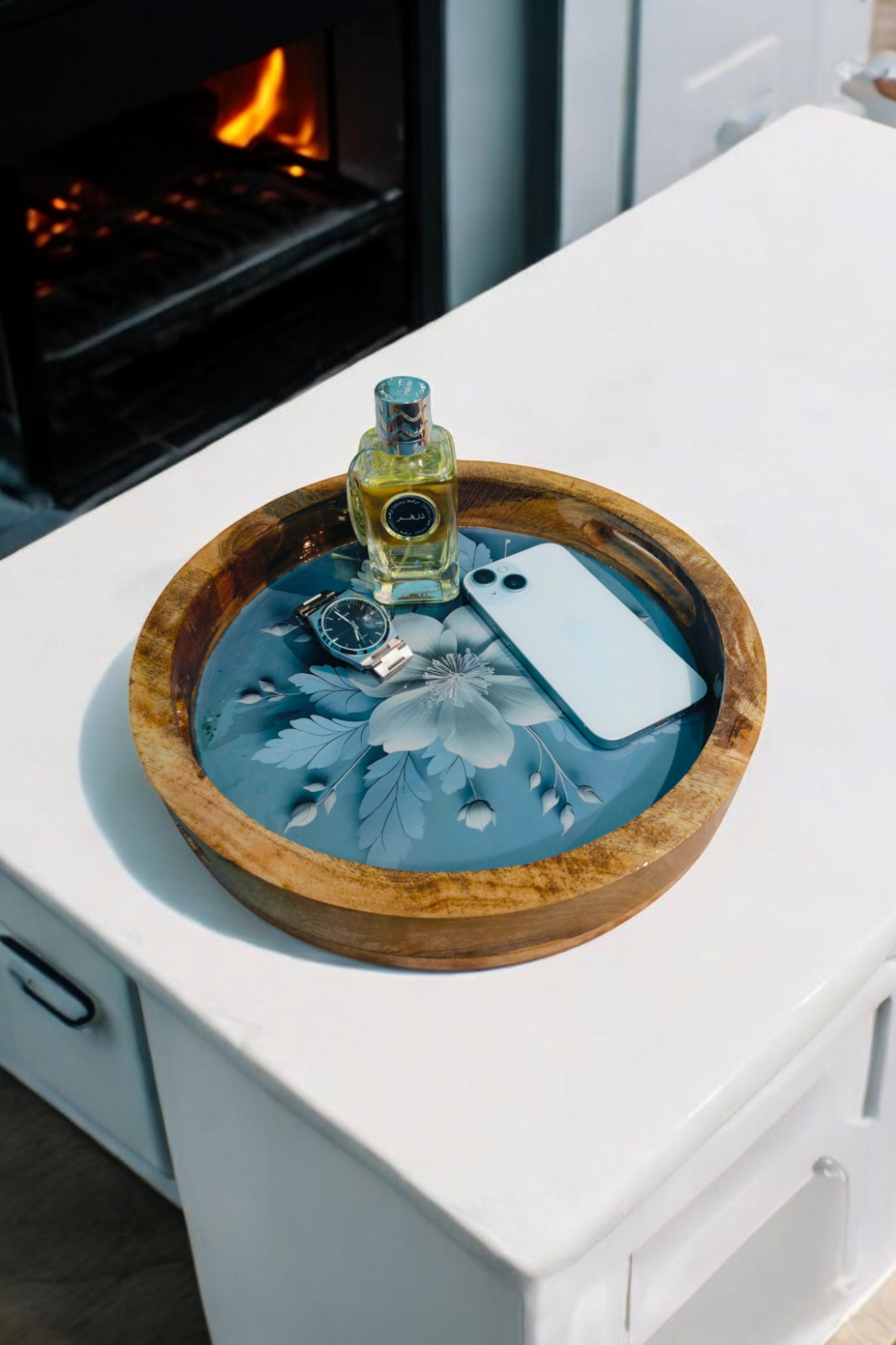  wooden handcrafted blue floral resin tray