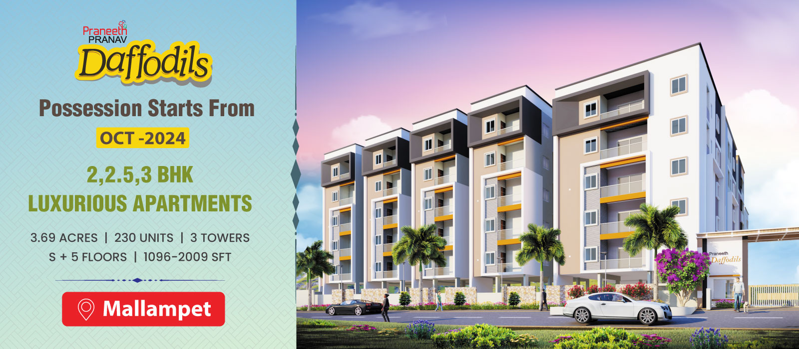  Praneeth Pranav Daffodils | 3 BHK Flats for Sale in Mallampet | 3 BHK Flats in Bachupally | Premium 2,3 BHK Flats for Sale in Mallampet