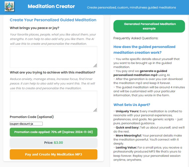  Meditation creator com 70% Off lunch discount