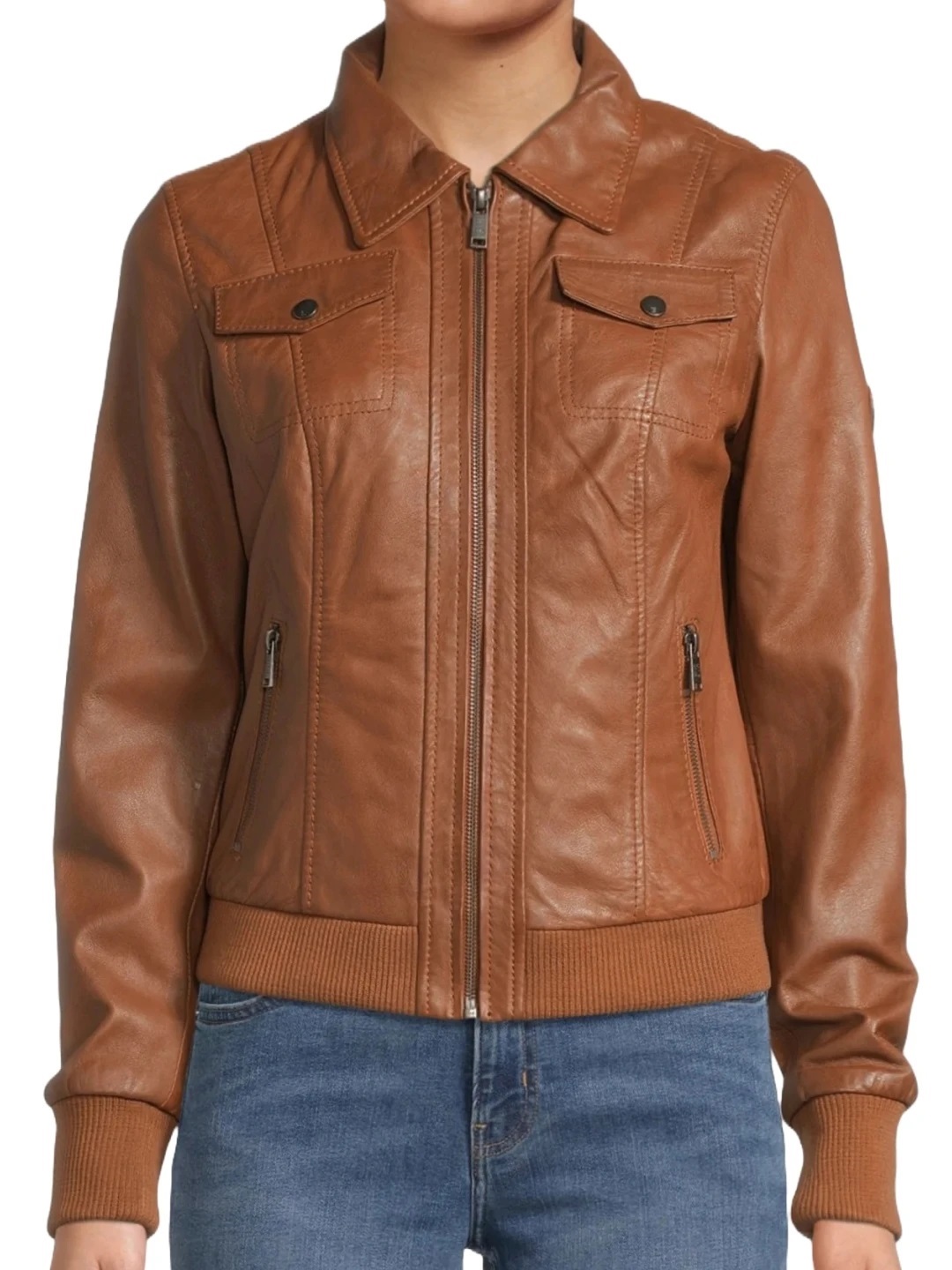  Effortless Style: The Turn Down Collar Brown Leather Bomber Jacket