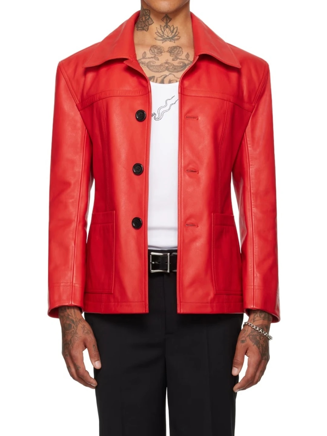  Dare to Stand Out: Open Spread Collar Red Leather Jacket