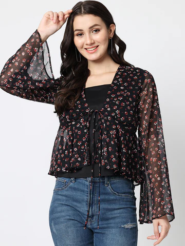  Women Floral Printed Black Top