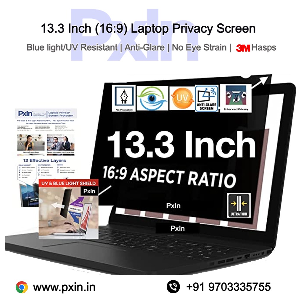  PxIn 13.3 Inch Laptop Privacy Filter | No Eye Strain | Anti Glare & Blue Light | UV, Anti Scratch, No Dry Eyes | 3M Hasp