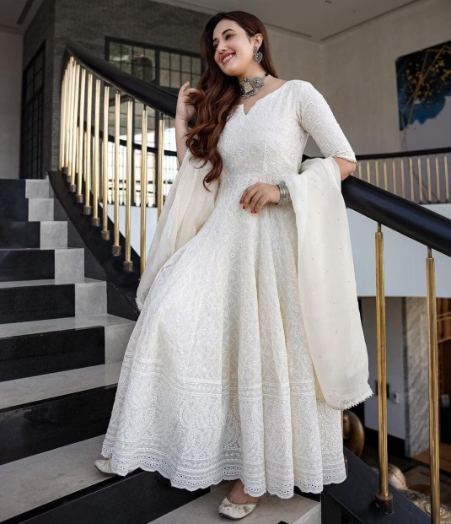  Pure Cotton Embroidered White Long Gown Kurta With Dupatta Set