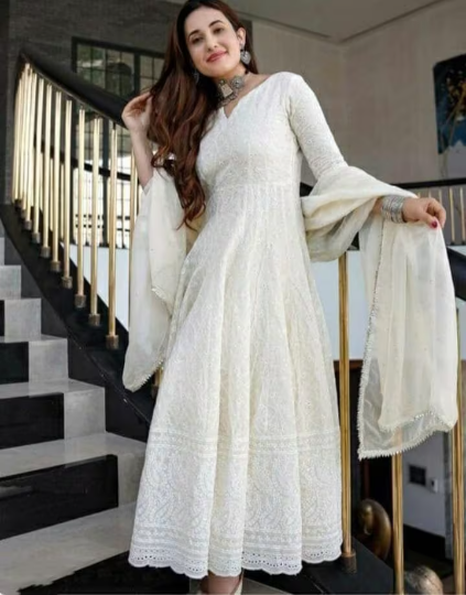  Pure Cotton Embroidered White Long Gown Kurta With Dupatta Set