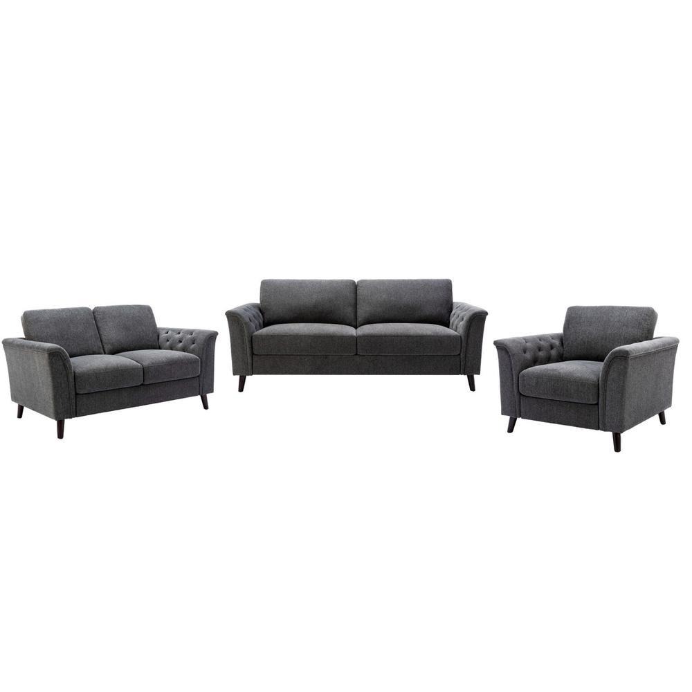  Stanton Dark Gray Linen Sofa Loveseat Chair Living Room Set