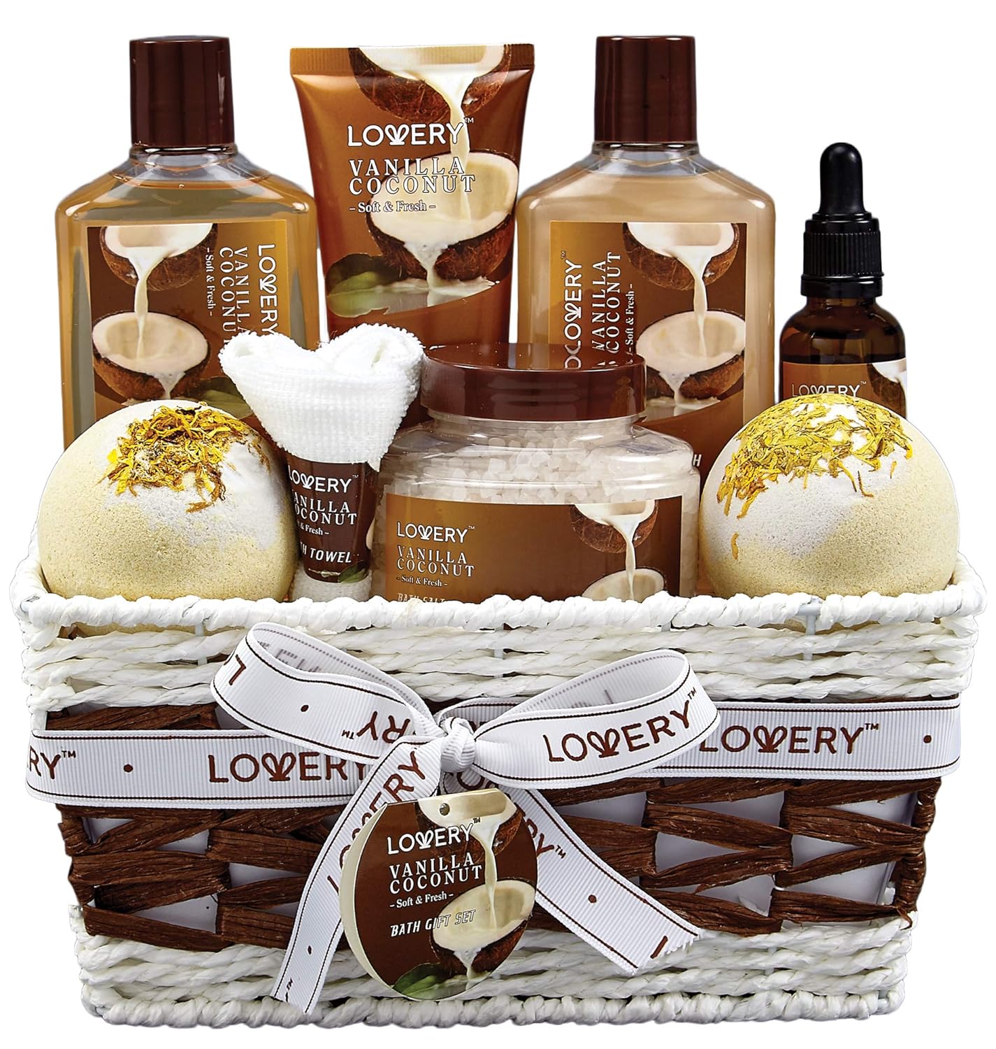  Bath and Body Gift Basket For Women and Men– 9 Piece Set of Vanilla Coconut Home Spa Set