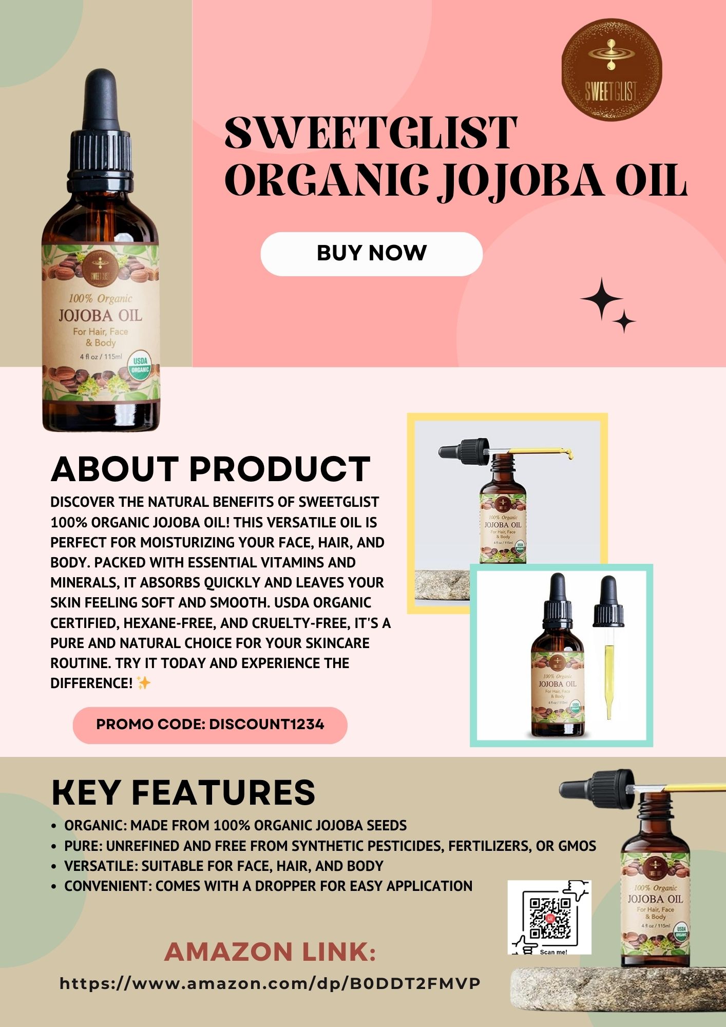  Brand New SWEETGLIST 100% Organic Jojoba Oil - Best Price!